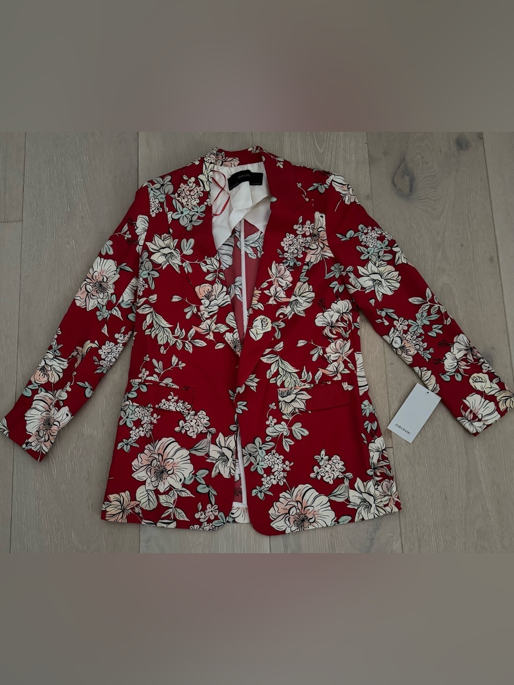 Zara Red Floral Blazer with White and Light Pink Blooms